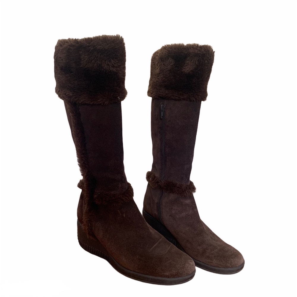 Fur suede platform brown knee length boots